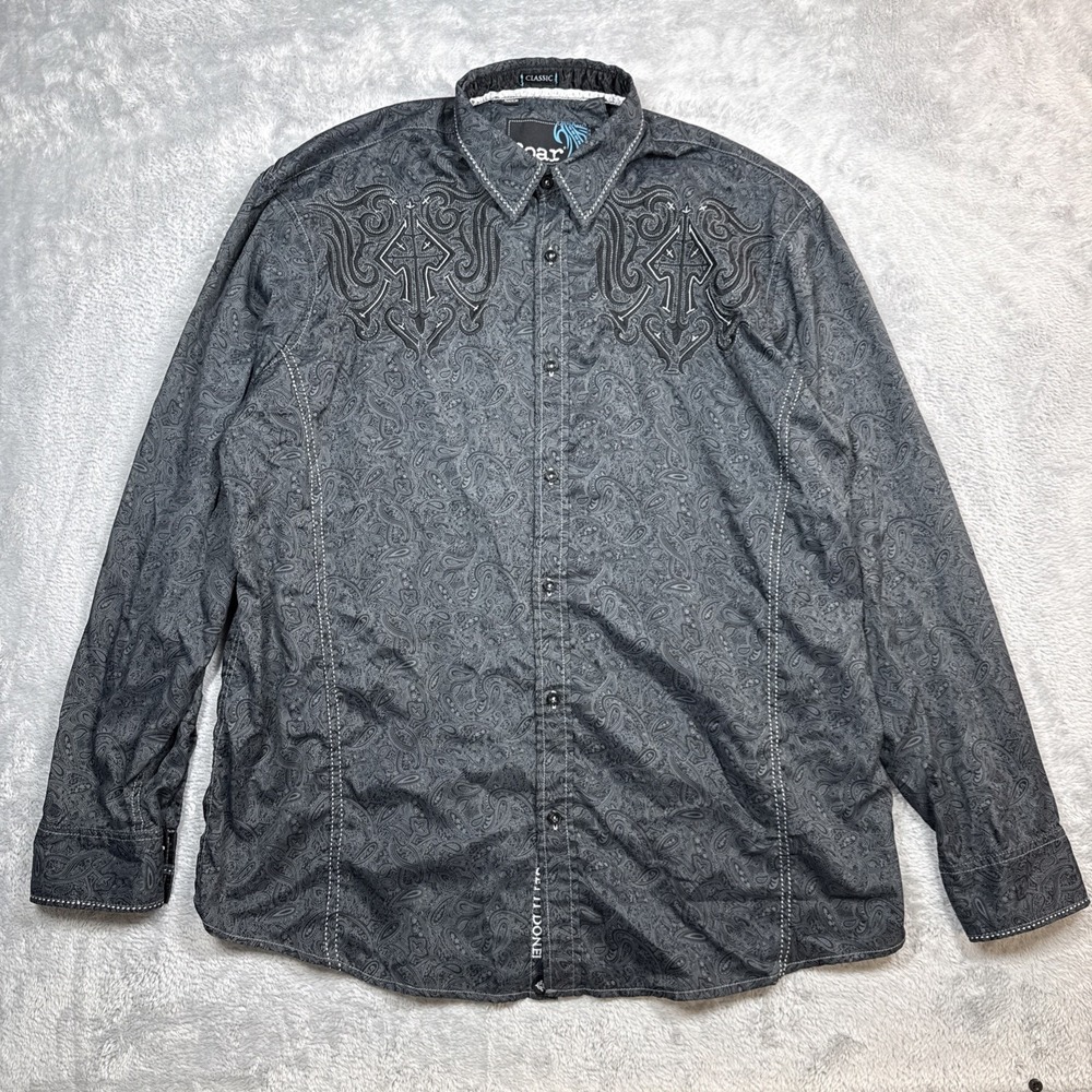 Roar Classic Button Long Sleeve Shirt Men 3XL Black Embroidered Y2K REPAIR